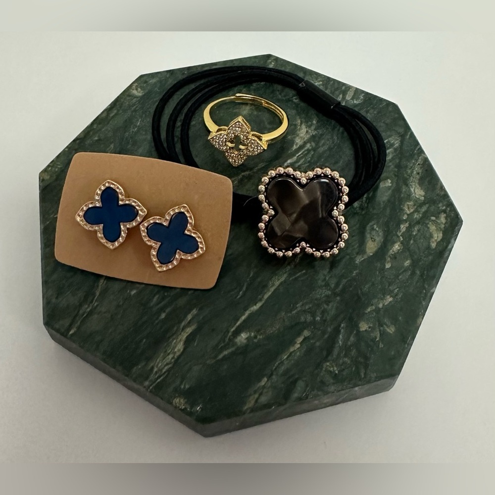 New Gold Clover Ring with Blue Clover Earrings and Black Clover Hair Elastic